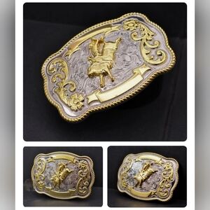 Large 122x86mm BULL RIDE RODEO COWBOY GOLD TEXAS WESTERN BELT BUCKLE